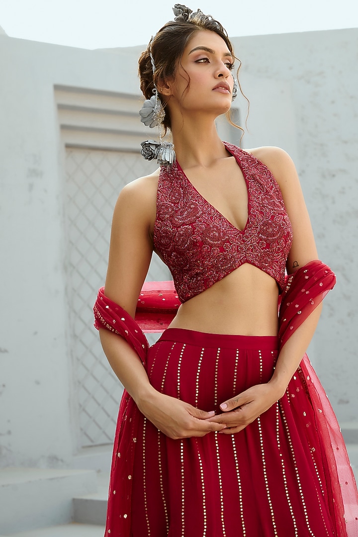 Deep Red Georgette Glass Beads Embellished Skirt Set by Chamee and Palak at Pernia's Pop Up Shop