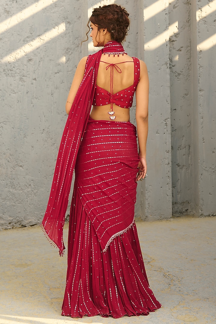 Red Georgette Glass Beads Embellished Pre-Stitched Wedding Saree Set by Chamee and Palak at Pernia's Pop Up Shop