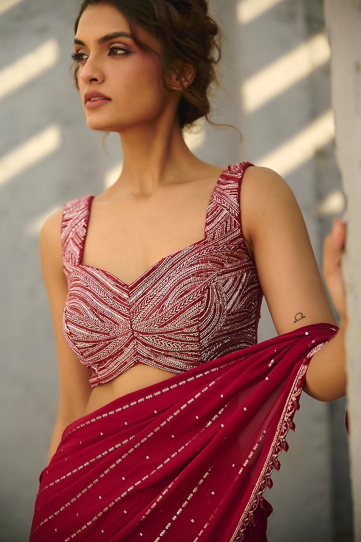 Red Georgette Glass Beads Embellished Pre-Stitched Wedding Saree Set by Chamee and Palak at Pernia's Pop Up Shop