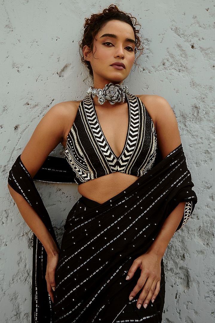 Black Georgette Glass Bead Embellished Pre-Stitched Wedding Saree Set by Chamee and Palak at Pernia's Pop Up Shop