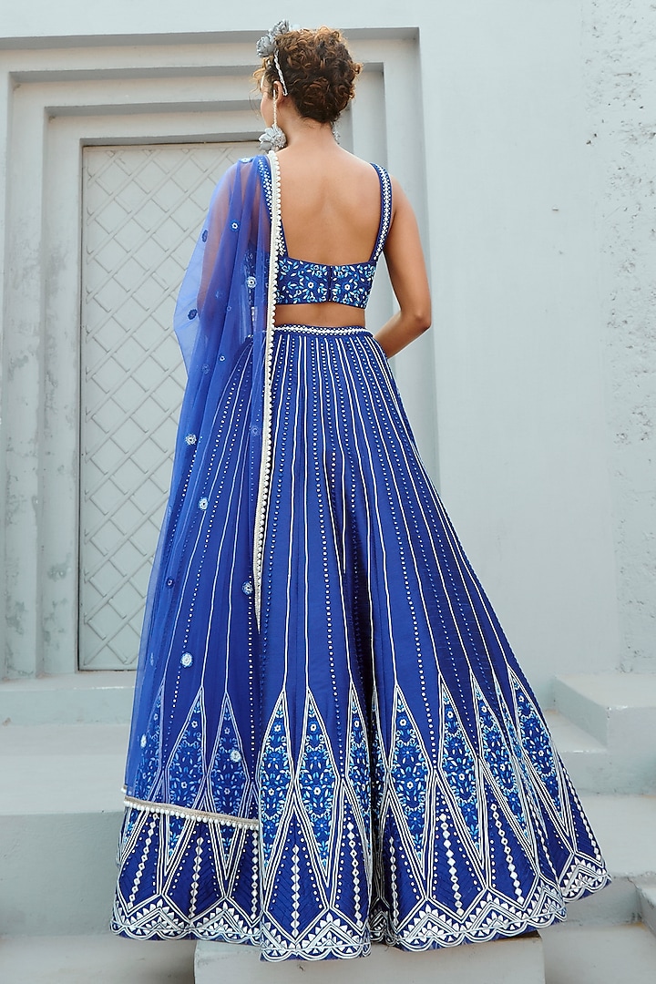 Bright Blue Dupion Silk Floral Thread Embellished Wedding Lehenga Set by Chamee and Palak at Pernia's Pop Up Shop