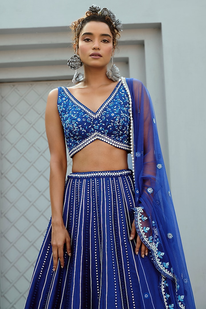 Bright Blue Dupion Silk Floral Thread Embellished Wedding Lehenga Set by Chamee and Palak at Pernia's Pop Up Shop