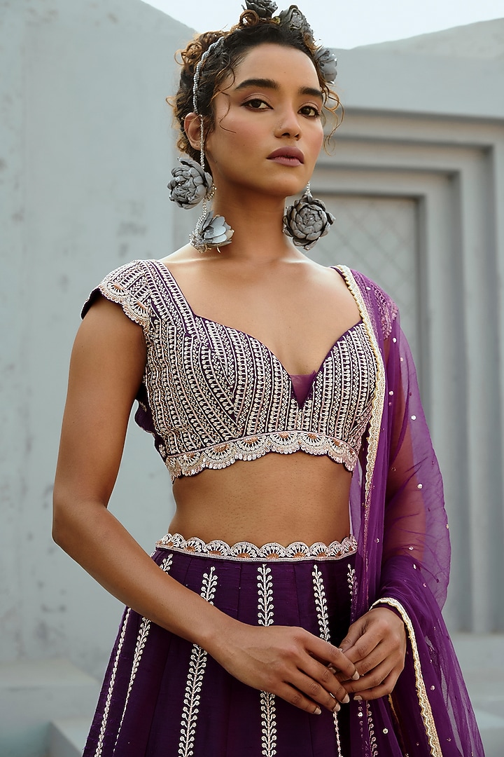 Purple Raw Silk & Net Zardosi Embroidered Bridal Lehenga Set by Chamee and Palak at Pernia's Pop Up Shop