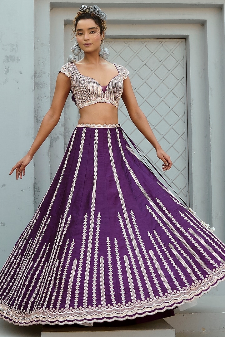 Purple Raw Silk & Net Zardosi Embroidered Bridal Lehenga Set by Chamee and Palak at Pernia's Pop Up Shop