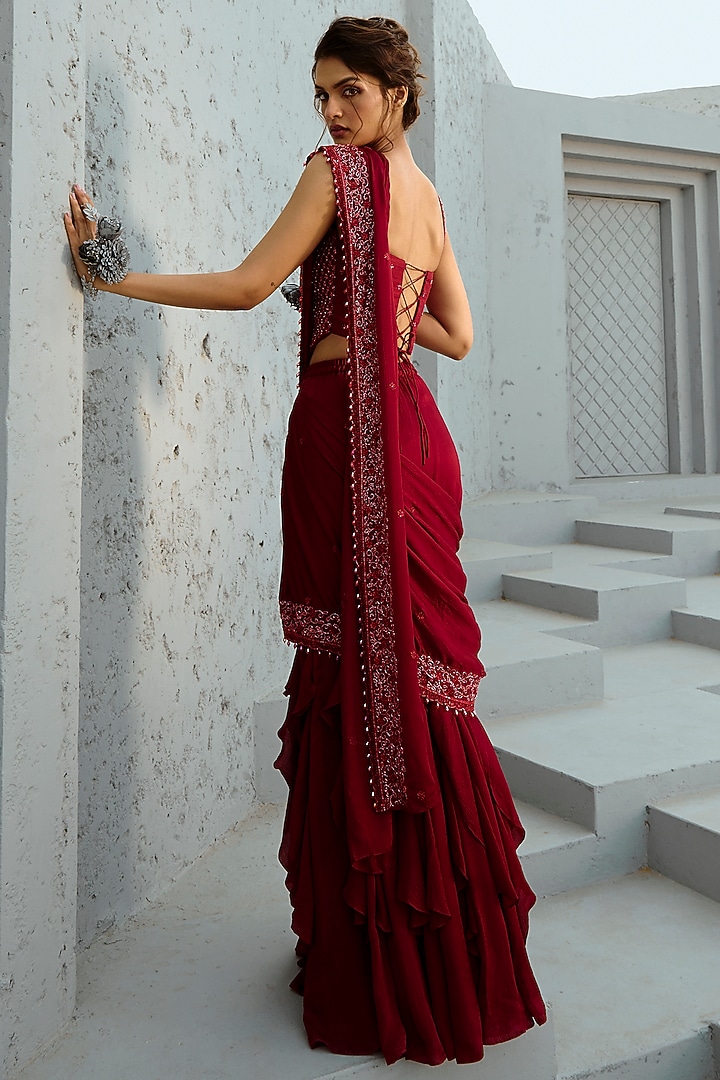 Deep Red Chiffon & Raw Silk Glass Beads Embellished Pre-Stitched Wedding Saree Set by Chamee and Palak at Pernia's Pop Up Shop