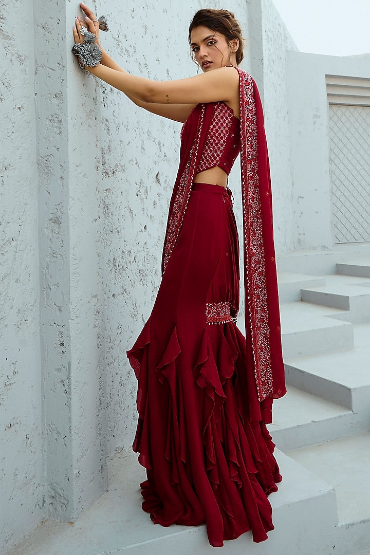 Deep Red Chiffon & Raw Silk Glass Beads Embellished Pre-Stitched Wedding Saree Set by Chamee and Palak at Pernia's Pop Up Shop