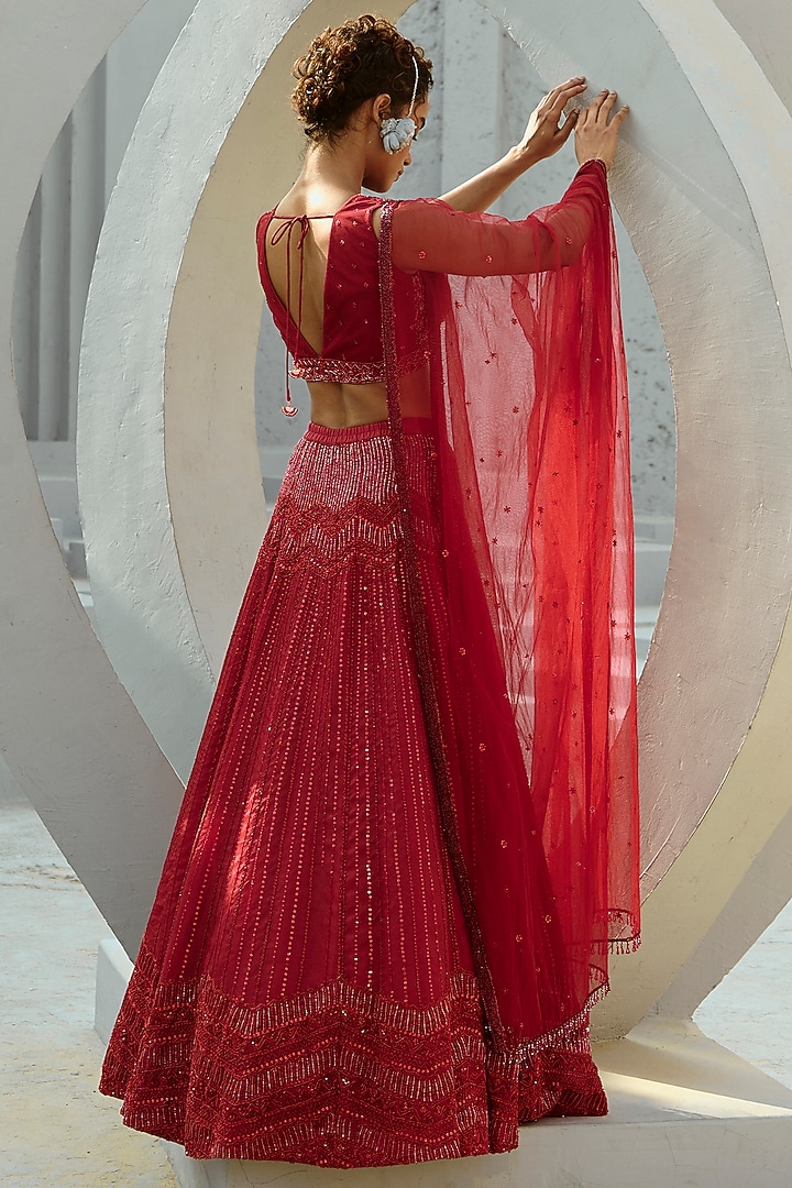 Red Organza & Art Silk Zari Embellished Bridal Lehenga Set by Chamee and Palak at Pernia's Pop Up Shop