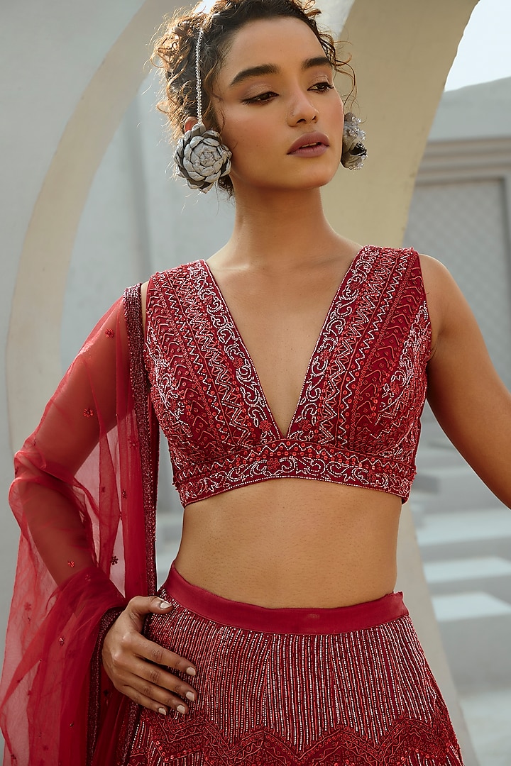 Red Organza & Art Silk Zari Embellished Bridal Lehenga Set by Chamee and Palak at Pernia's Pop Up Shop