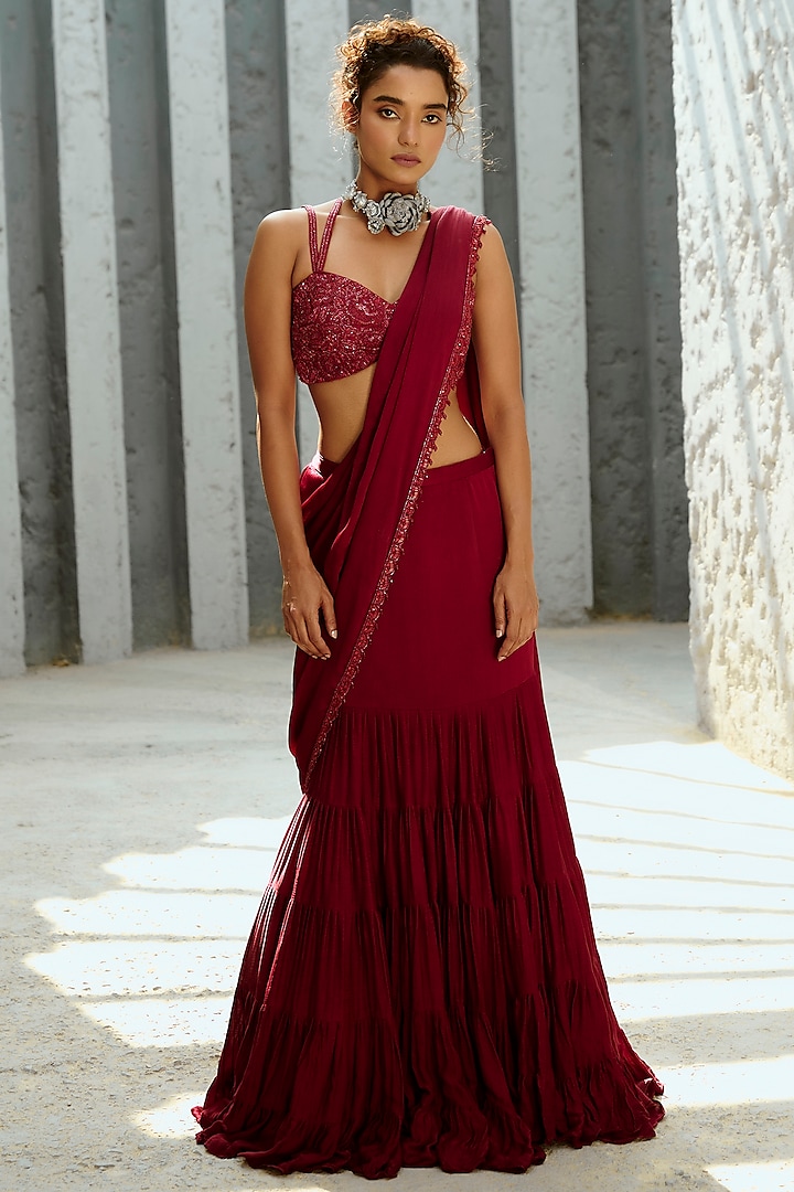 Deep Red Georgette Glass Beads Embroidered Pre-Stitched Frilled Saree Set by Chamee and Palak at Pernia's Pop Up Shop