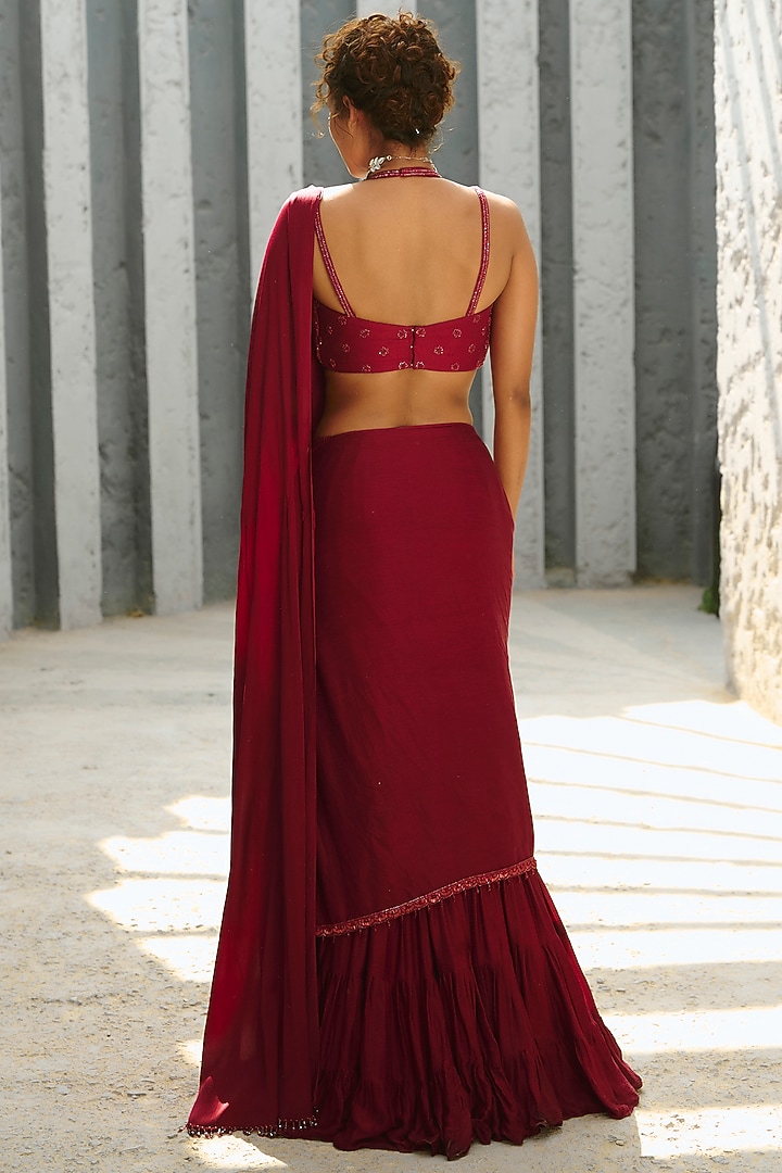 Deep Red Georgette Glass Beads Embroidered Pre-Stitched Frilled Wedding Saree Set by Chamee and Palak at Pernia's Pop Up Shop