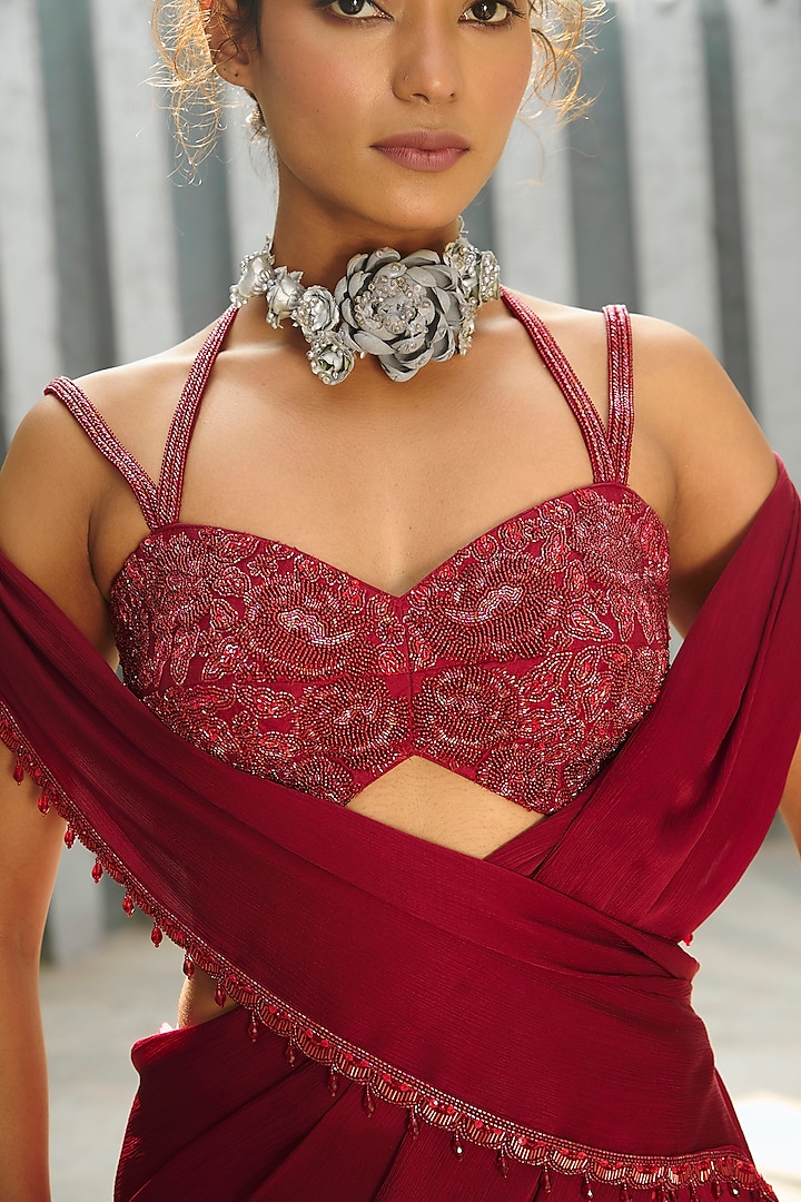 Deep Red Georgette Glass Beads Embroidered Pre-Stitched Frilled Wedding Saree Set by Chamee and Palak at Pernia's Pop Up Shop