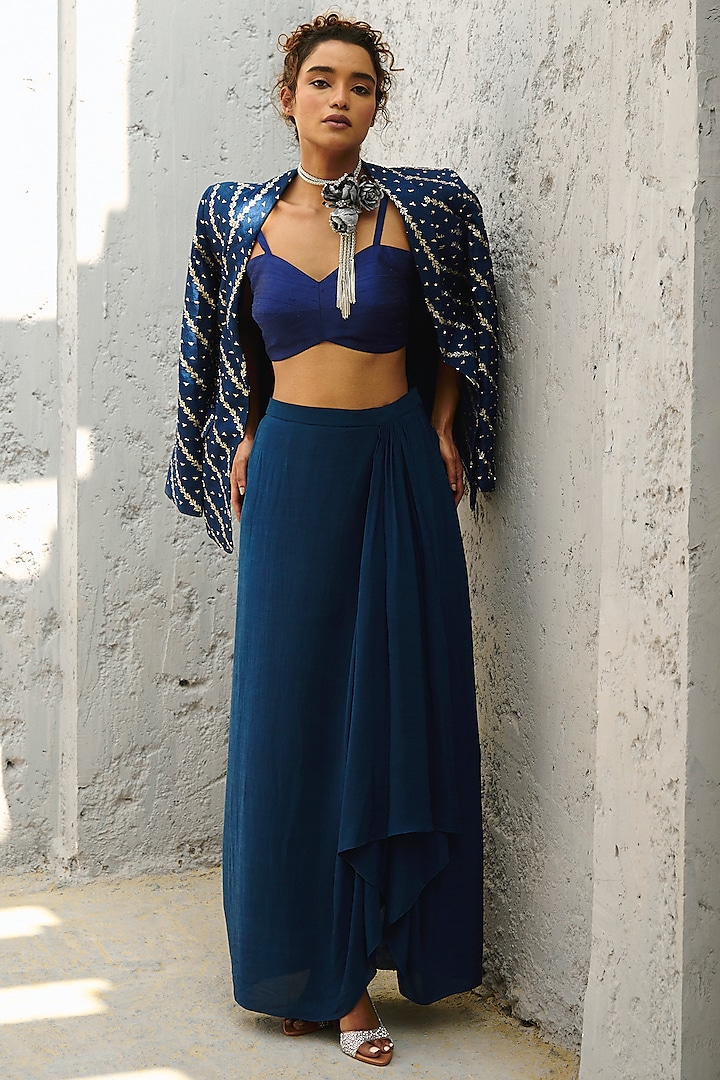 Deep Blue Jamawar Embroidered Blazer Set by Chamee and Palak at Pernia's Pop Up Shop