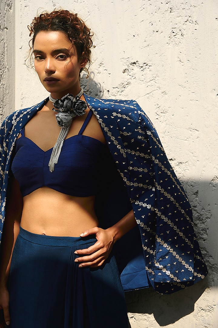Deep Blue Jamawar Embroidered Blazer Set by Chamee and Palak at Pernia's Pop Up Shop