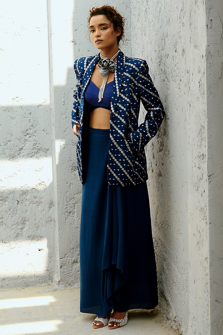 Deep Blue Jamawar Embroidered Blazer Set by Chamee and Palak at Pernia's Pop Up Shop