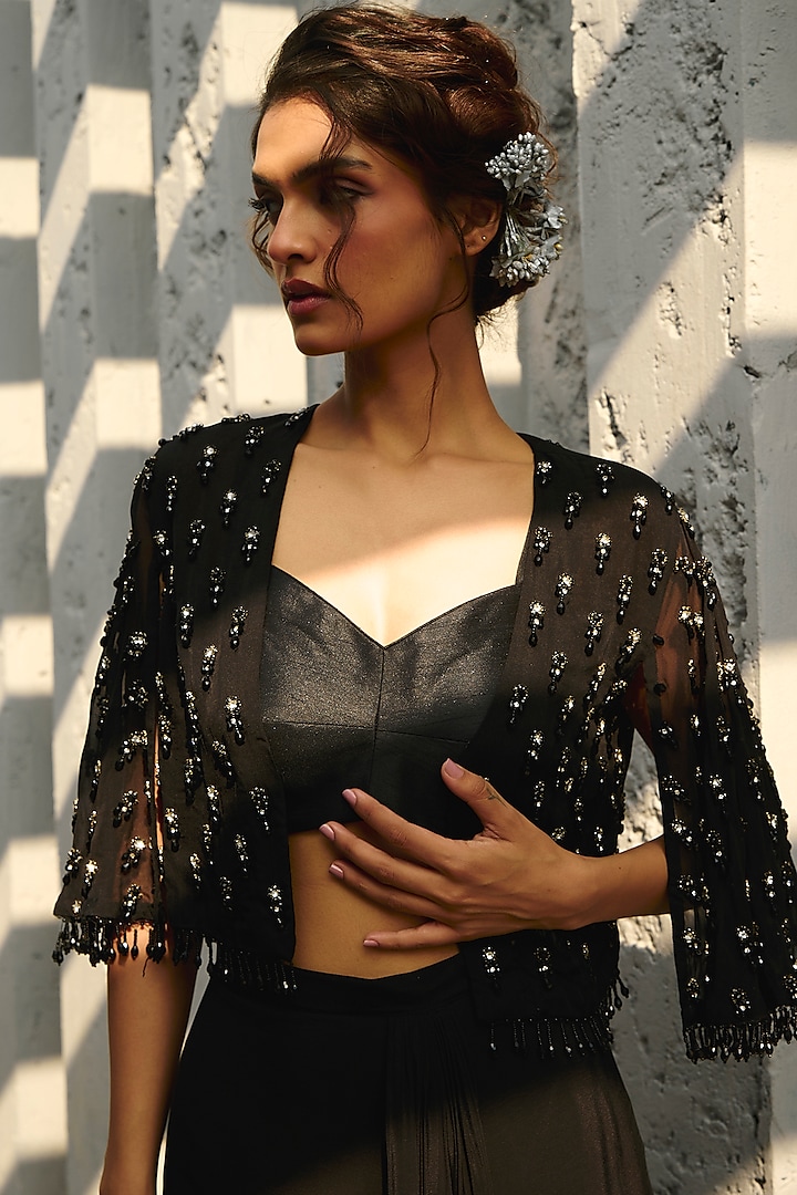 Black Crepe & Dupion Silk Skirt Set by Chamee and Palak at Pernia's Pop Up Shop