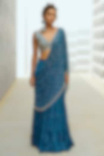 Blue Georgette Glass Bead Embellished Pre-Stitched Frilled Saree Set by Chamee and Palak at Pernia's Pop Up Shop