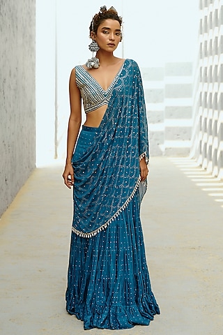 Blue Georgette Glass Bead Embellished Pre-Stitched Frilled Saree Set by Chamee and Palak