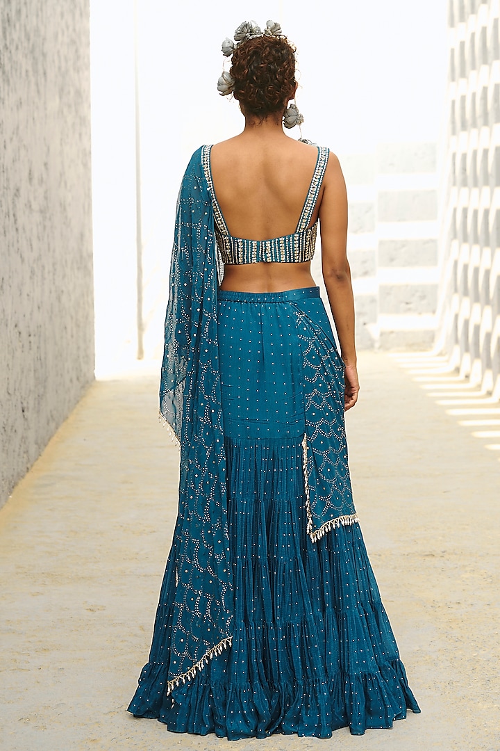 Blue Georgette Glass Bead Embellished Pre-Stitched Frilled Wedding Saree Set by Chamee and Palak at Pernia's Pop Up Shop