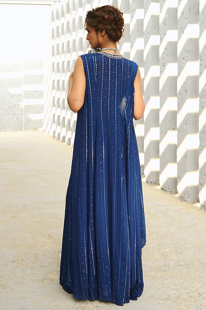Deep Blue Georgette & Raw Silk Sequins Embellished Jacket Set by Chamee and Palak at Pernia's Pop Up Shop