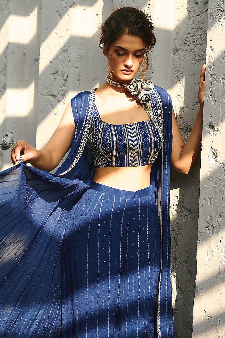 Deep Blue Georgette & Raw Silk Sequins Embellished Jacket Set by Chamee and Palak at Pernia's Pop Up Shop
