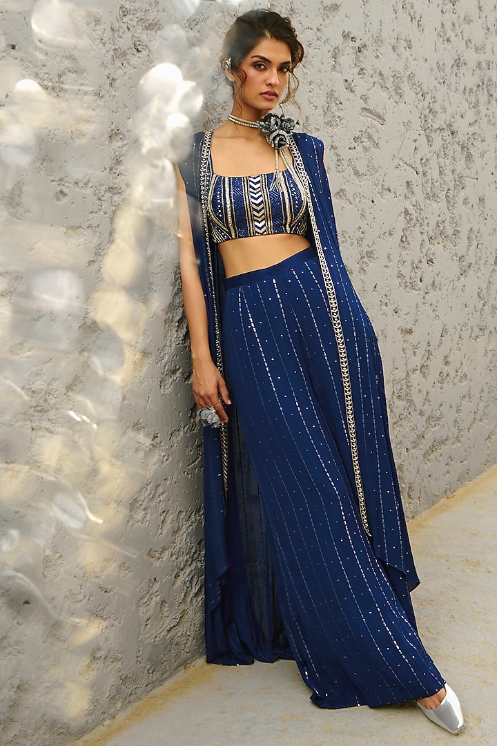 Deep Blue Georgette & Raw Silk Sequins Embellished Jacket Set by Chamee and Palak at Pernia's Pop Up Shop