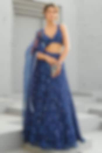 Deep Blue Organza Floral Embroidered Bridal Lehenga Set by Chamee and Palak at Pernia's Pop Up Shop