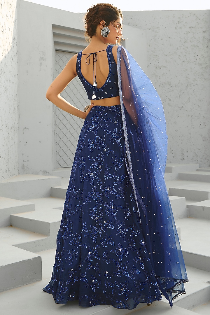 Deep Blue Organza Floral Embroidered Bridal Lehenga Set by Chamee and Palak at Pernia's Pop Up Shop