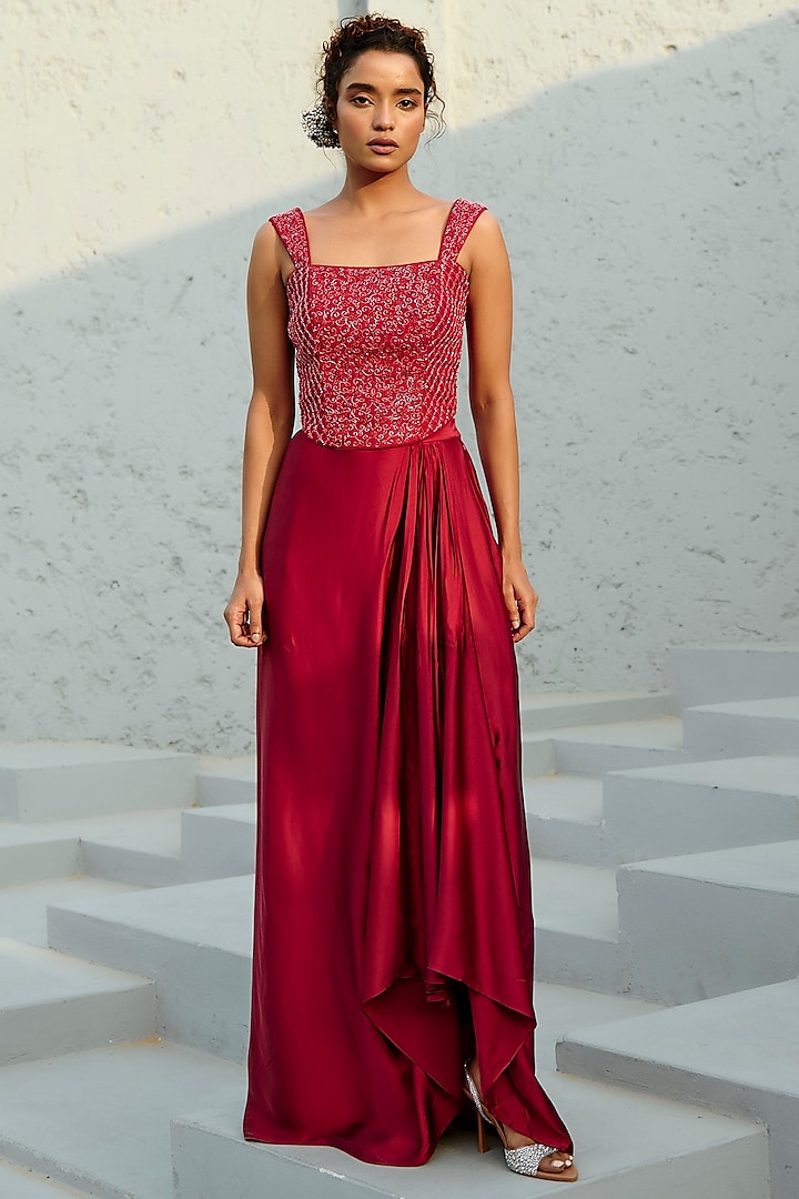 Deep Red Satin & Raw Silk Draped Skirt Set by Chamee and Palak at Pernia's Pop Up Shop