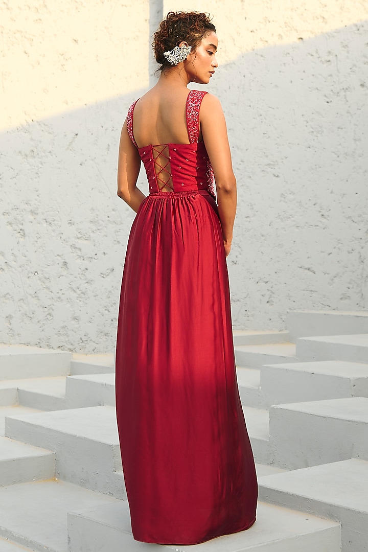 Deep Red Satin & Raw Silk Draped Skirt Set by Chamee and Palak at Pernia's Pop Up Shop