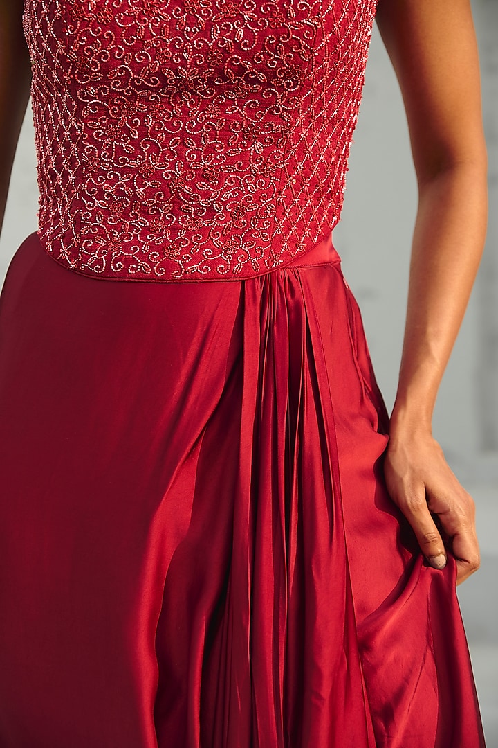 Deep Red Satin & Raw Silk Draped Skirt Set by Chamee and Palak at Pernia's Pop Up Shop