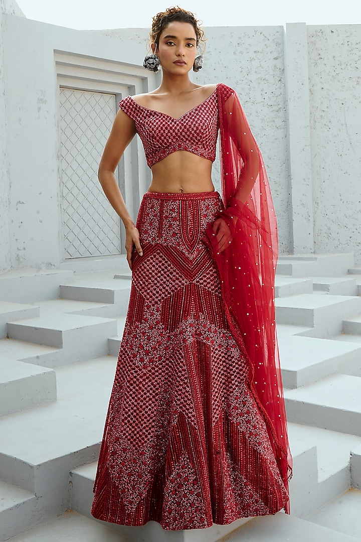 Deep Red Art Silk & Net Sequins Embroidered Flared Skirt Set by Chamee and Palak at Pernia's Pop Up Shop