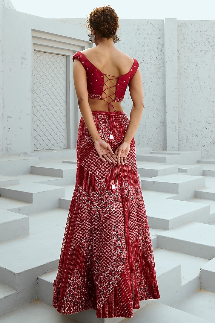 Deep Red Art Silk & Net Sequins Embroidered Flared Skirt Set by Chamee and Palak at Pernia's Pop Up Shop