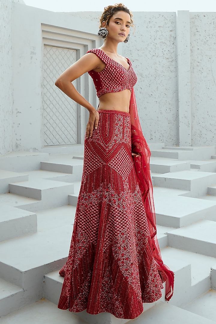 Deep Red Art Silk & Net Sequins Embroidered Flared Skirt Set by Chamee and Palak at Pernia's Pop Up Shop