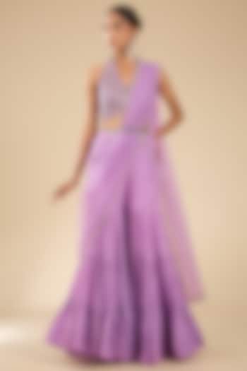 Lavender Chanderi Silk Glass Beads Embroidered Wedding Sharara Set by Chamee and Palak at Pernia's Pop Up Shop