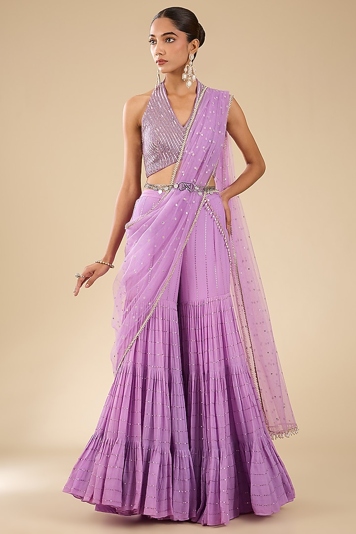 Lavender Chanderi Silk Glass Beads Embroidered Wedding Sharara Set by Chamee and Palak at Pernia's Pop Up Shop