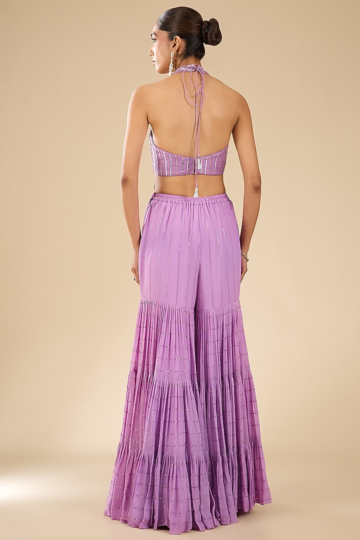 Lavender Chanderi Silk Glass Beads Embroidered Wedding Sharara Set by Chamee and Palak at Pernia's Pop Up Shop