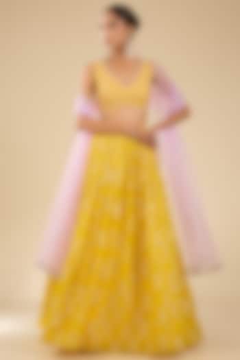 Yellow Georgette Glass Beads Embroidered Wedding Lehenga Set by Chamee and Palak at Pernia's Pop Up Shop