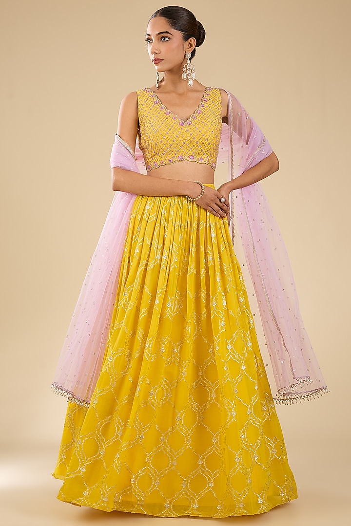 Yellow Georgette Glass Beads Embroidered Wedding Lehenga Set by Chamee and Palak at Pernia's Pop Up Shop