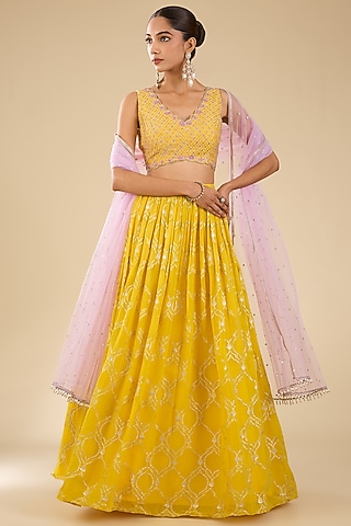 Yellow Georgette Glass Beads Embroidered Lehenga Set by Chamee and Palak