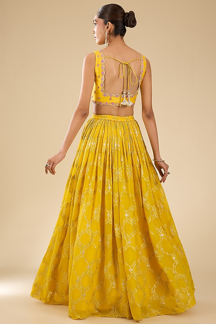 Yellow Georgette Glass Beads Embroidered Wedding Lehenga Set by Chamee and Palak at Pernia's Pop Up Shop