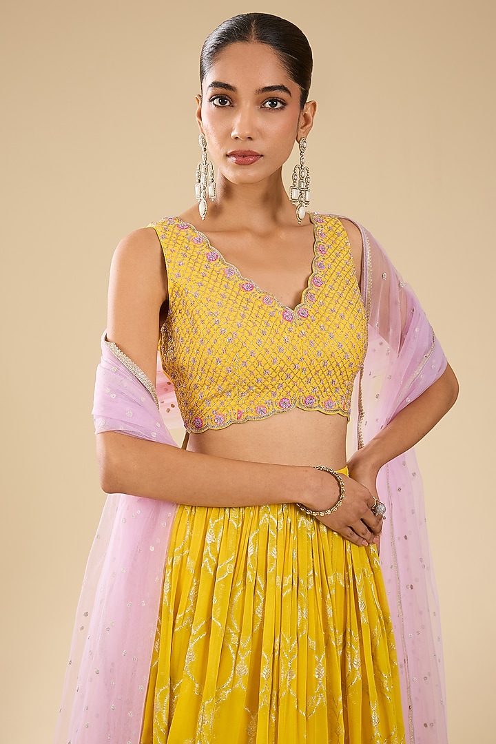 Yellow Georgette Glass Beads Embroidered Wedding Lehenga Set by Chamee and Palak at Pernia's Pop Up Shop