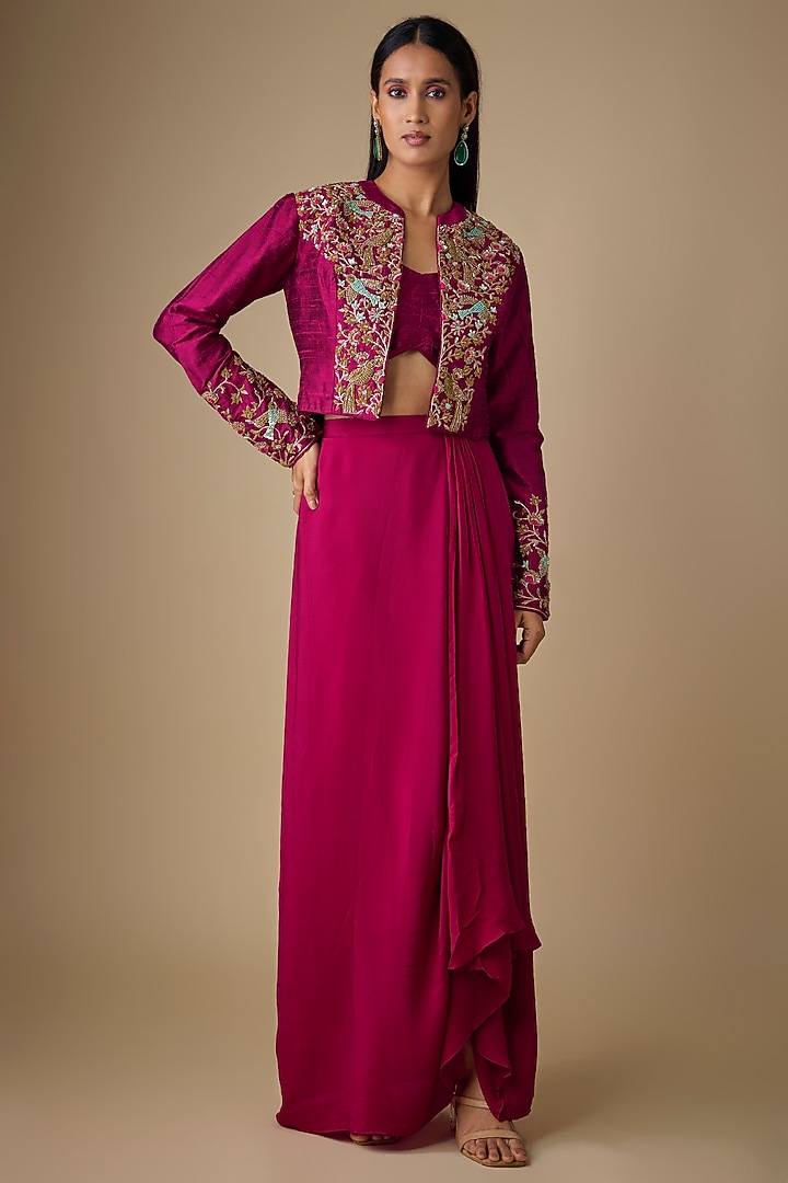 Maroon Crepe & Raw Silk Zardosi Embellished Jacket Set by Chamee and Palak at Pernia's Pop Up Shop