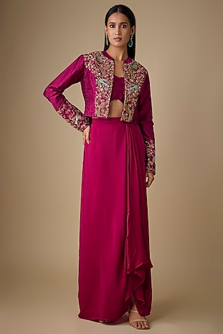 Maroon Crepe & Raw Silk Zardosi Embellished Jacket Set by Chamee and Palak