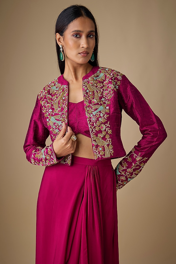 Maroon Crepe & Raw Silk Zardosi Embellished Jacket Set by Chamee and Palak at Pernia's Pop Up Shop