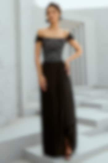 Black Satin Draped Skirt Set by Chamee and Palak at Pernia's Pop Up Shop