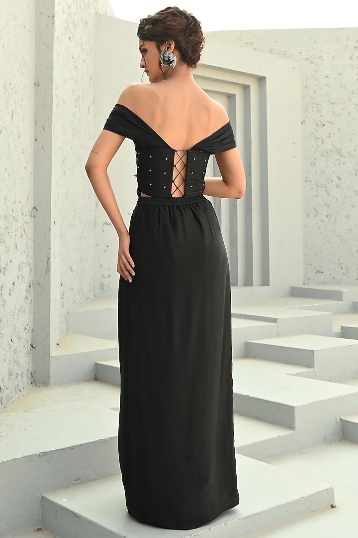 Black Satin Draped Skirt Set by Chamee and Palak at Pernia's Pop Up Shop