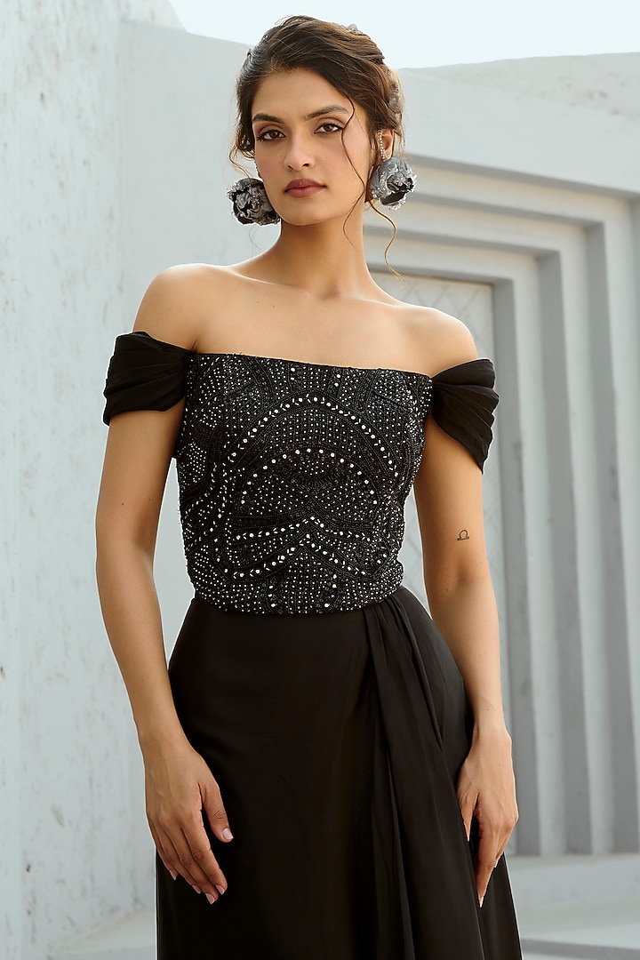 Black Satin Draped Skirt Set by Chamee and Palak at Pernia's Pop Up Shop