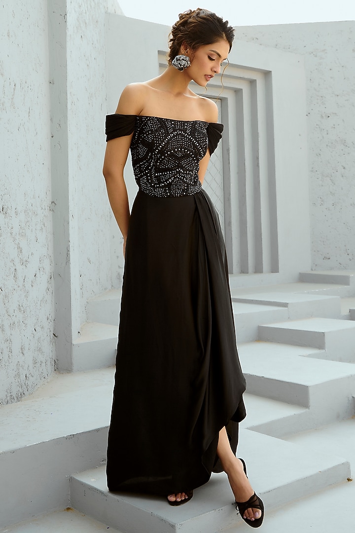 Black Satin Draped Skirt Set by Chamee and Palak at Pernia's Pop Up Shop