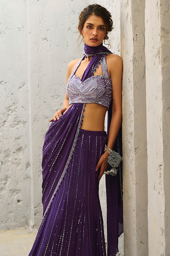Purple Georgette & Raw Silk Sequins Embroidered Gusset Pre-Stitched Wedding Saree Set by Chamee and Palak at Pernia's Pop Up Shop