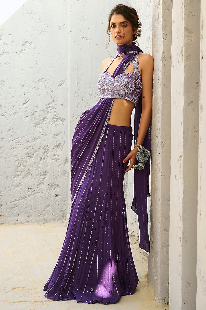 Purple Georgette & Raw Silk Sequins Embroidered Gusset Pre-Stitched Wedding Saree Set by Chamee and Palak at Pernia's Pop Up Shop